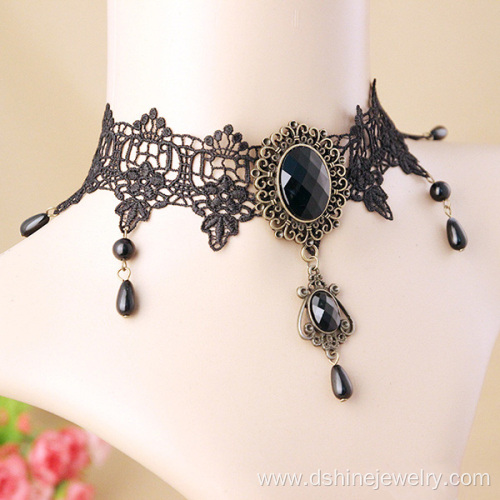 Black Victorian Lace Choker Crystal Choker Necklace 90s